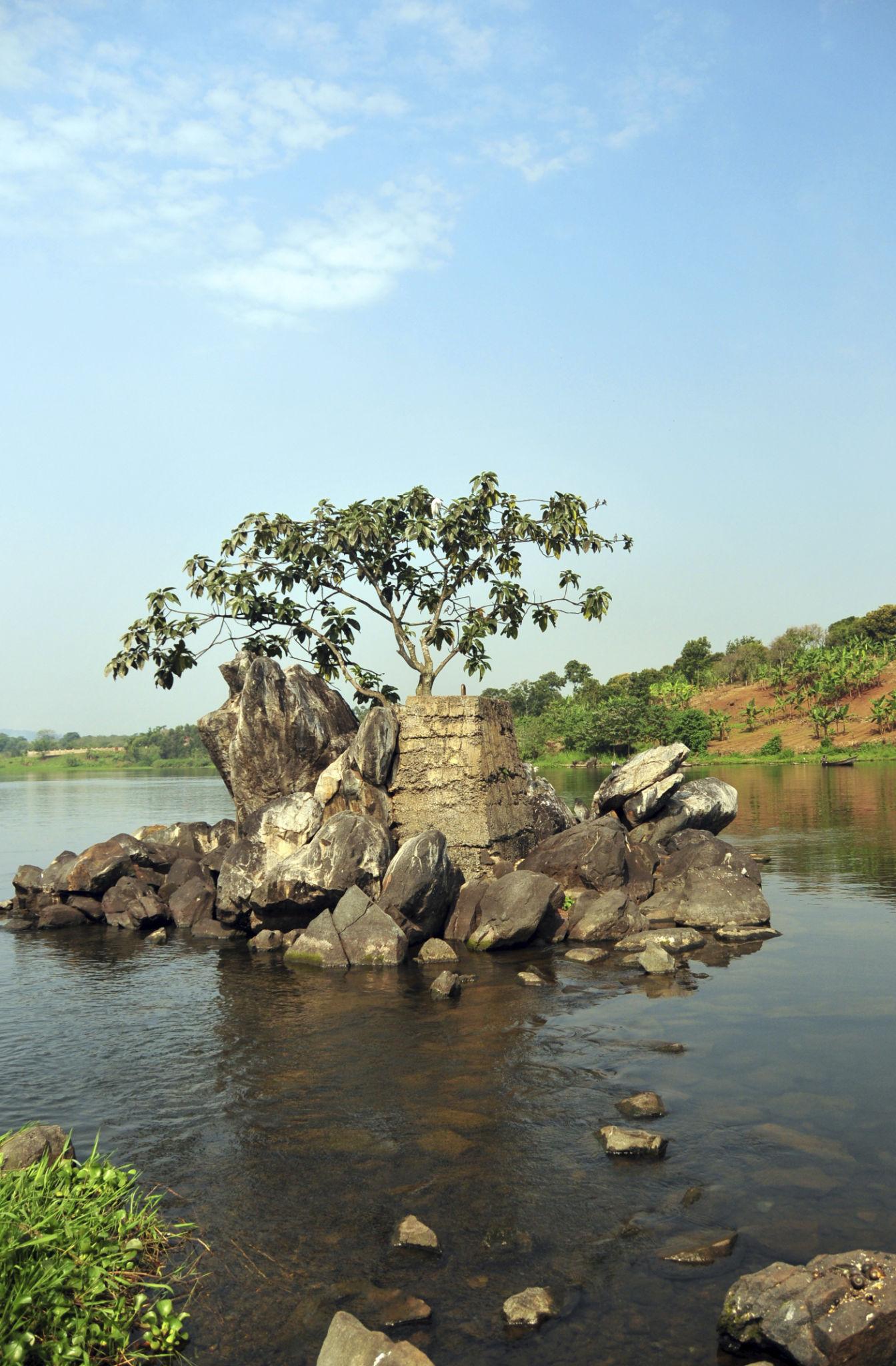 A rocky islet topped by a single tree marking the Source of the Nile at Jinja